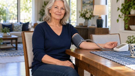 Illustrative older adult using an upper-arm blood pressure monitor at home.