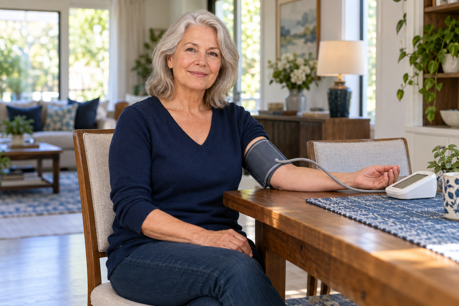 Illustrative older adult using an upper-arm blood pressure monitor at home.
