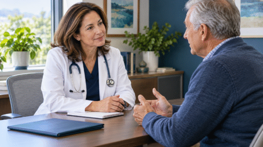 Illustrative physician listening to a patient during a cardiology consultation.