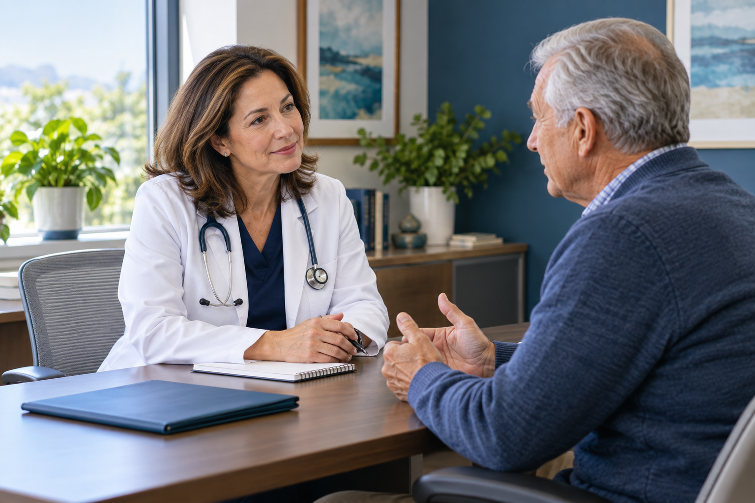 Illustrative physician listening to a patient during a cardiology consultation.