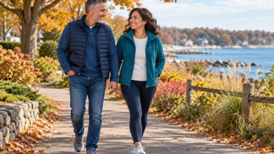 Illustrative couple walking along a waterfront park path in autumn.
