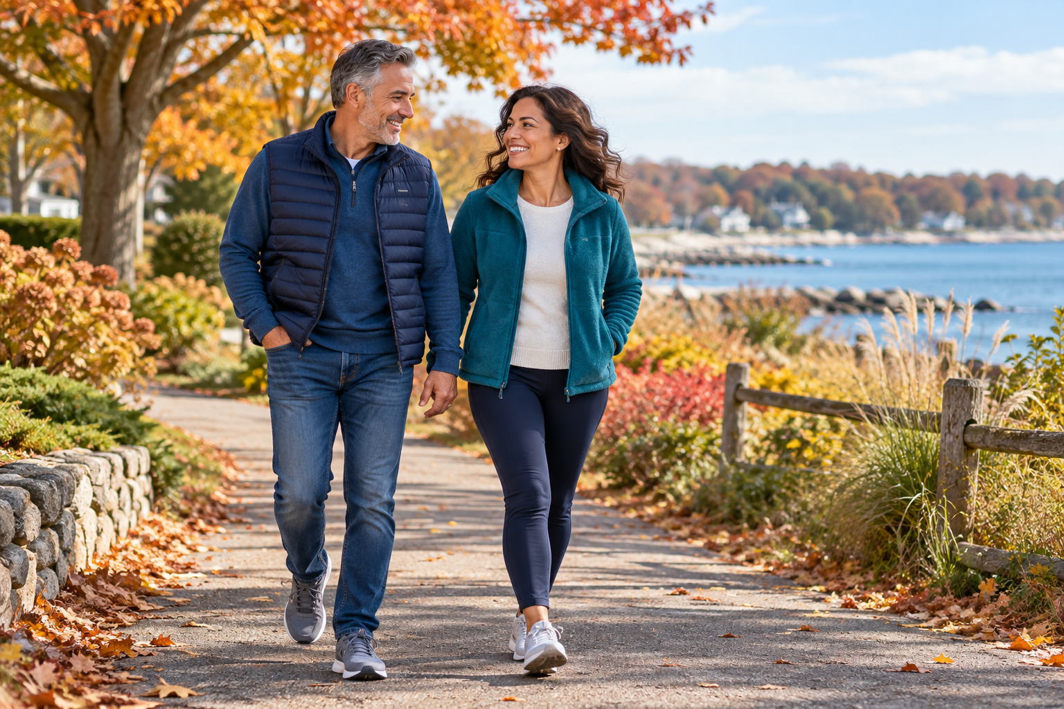 Illustrative couple walking along a waterfront park path in autumn.