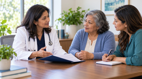 Illustrative physician discussing information with an older patient and a companion taking notes.
