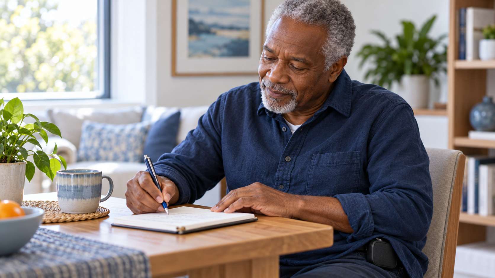 Illustrative older man writing an activity diary at home with a discreet portable monitor pouch at his waist.