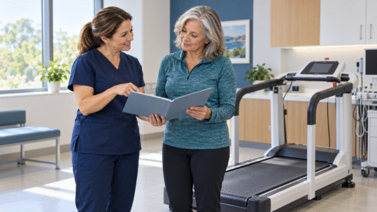 Illustrative medical technician explaining preparation information to a patient beside a stationary medical treadmill.
