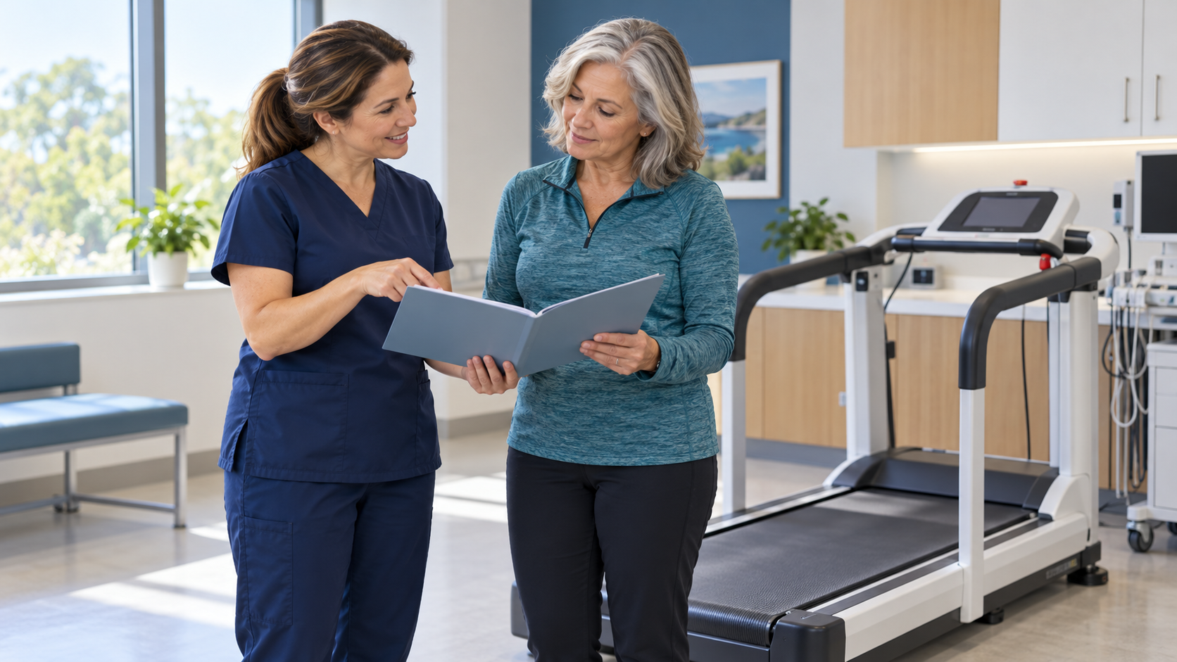 Illustrative medical technician explaining preparation information to a patient beside a stationary medical treadmill.